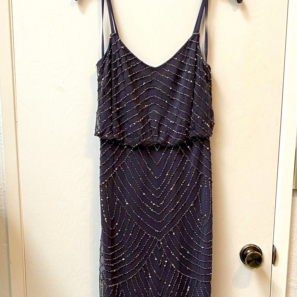 Adrianna Papell Art Deco Blouson beaded gown in Gunmetal.